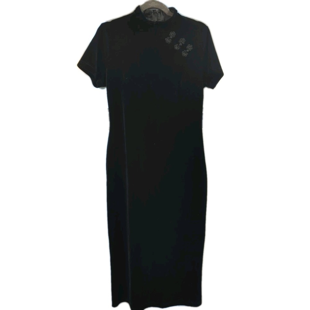 Vtg Velvet‎ Black 8P Maxi Dress Hi Neck Qipao Short Sleeve Frog Close Japanese